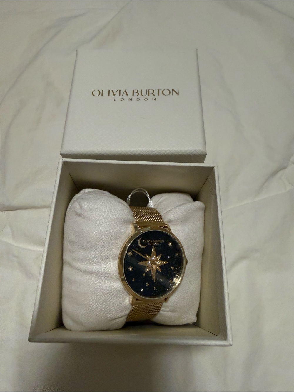 Olivia Burton MSRP $175 gold Mesh Watch with Navy Star Dial celestial space
